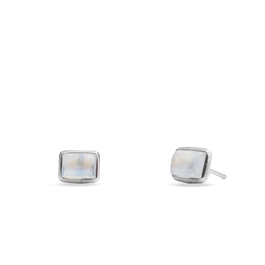 CABOCHON RECTANGLE RAINBOW MOONSTONE STUD EARRINGS STERLING SILVER | MADE IN EARTH