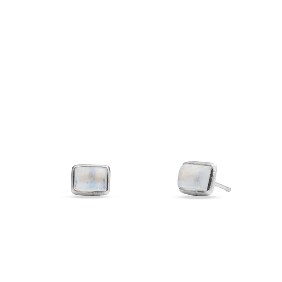 CABOCHON RECTANGLE RAINBOW MOONSTONE STUD EARRINGS STERLING SILVER | MADE IN EARTH