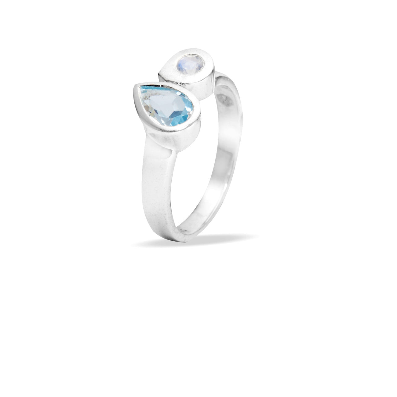 FACETED TEAR SHAPE BLUE TOPAZ AND ROUND RAINBOW MOONSTONE RING STERLING SILVER | MADE IN EARTH USA 
