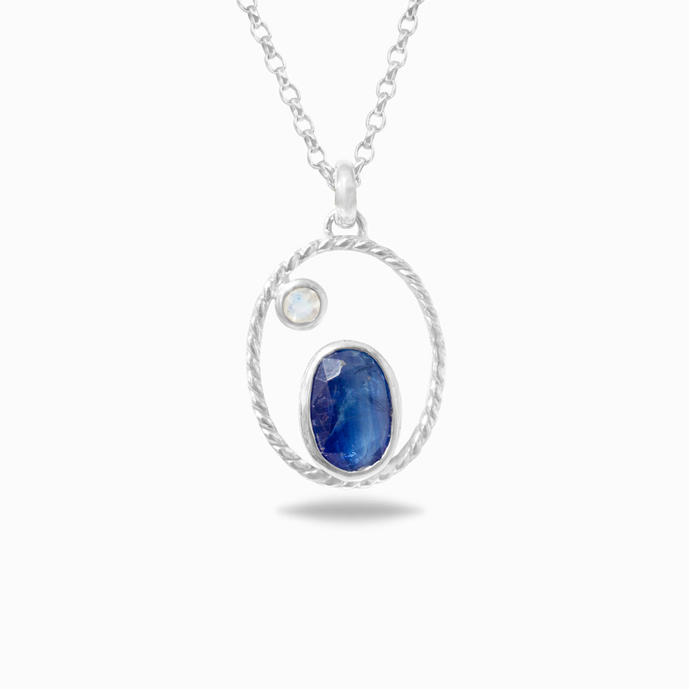 kyanite and moonstone halo necklace sterling silver blue kyanite gemstone pendant moonstone accent jewelry