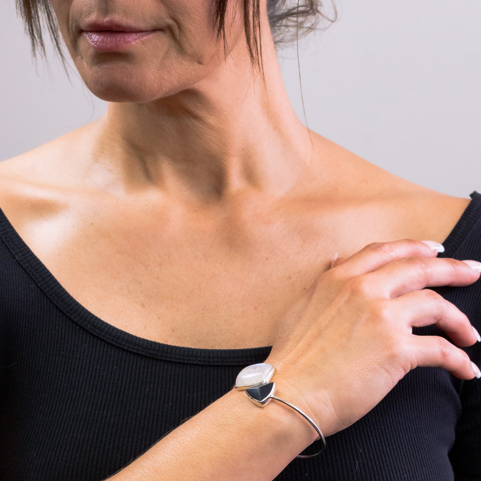 Rainbow Moonstone and Black Tourmaline Bracelet