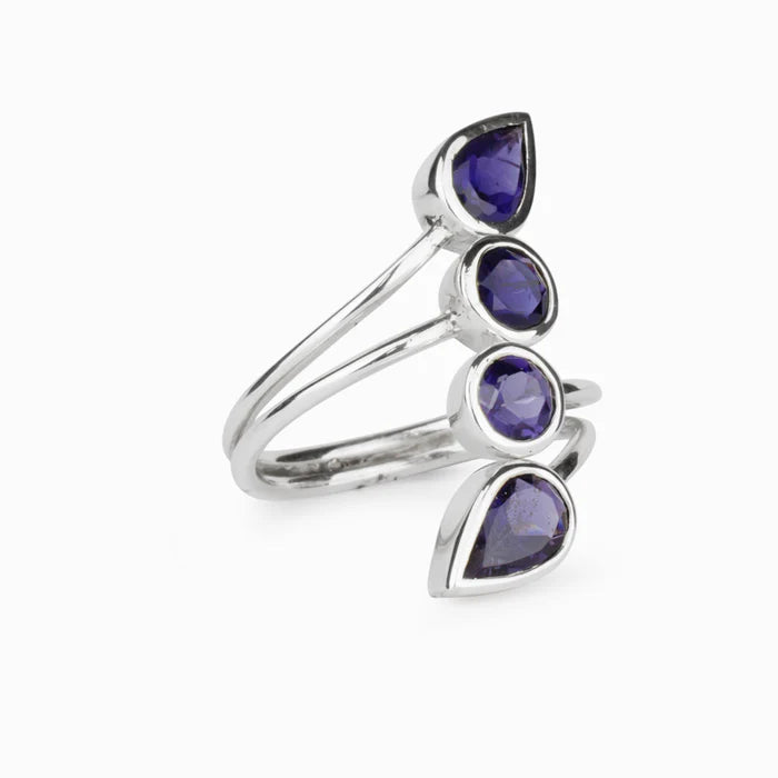 FACETED TEAR  IOLITE BEZEL RING VINE STERLING SILVER