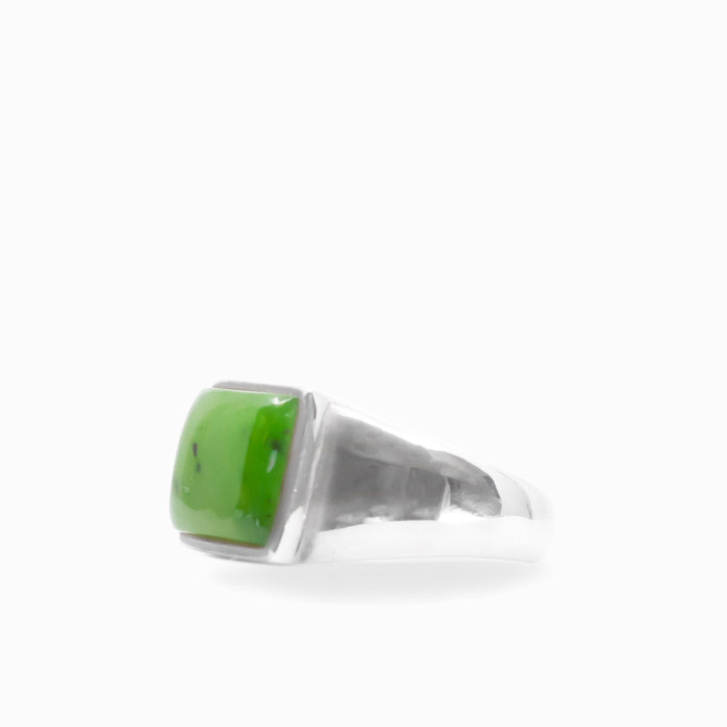 Square green Nephrite Jade cabochon set in a polished 925 sterling silver statement ring.