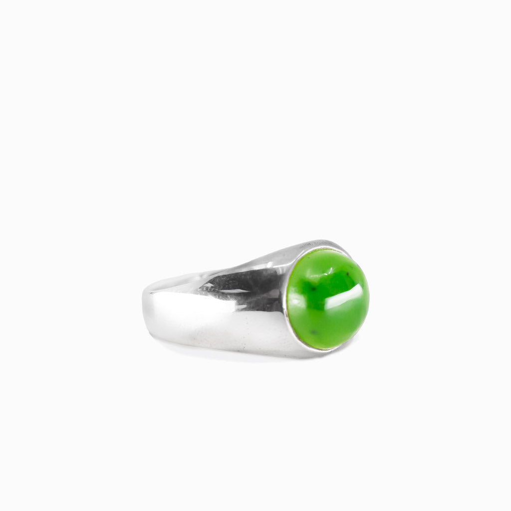Round nephrite jade cabochon ring in sterling silver