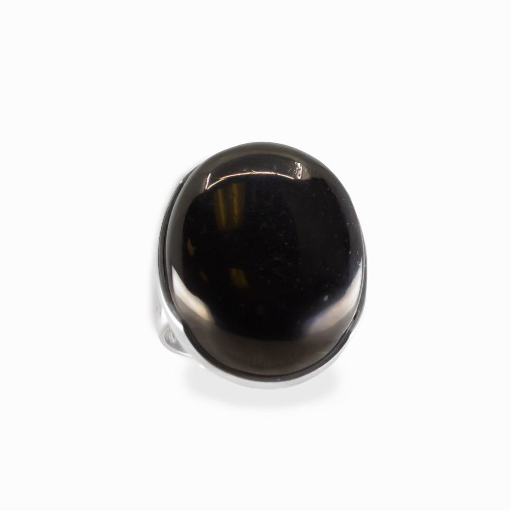 Jet oval cabochon ring in polished sterling silver featuring a smooth high-polish surface and rich glossy black coloring.