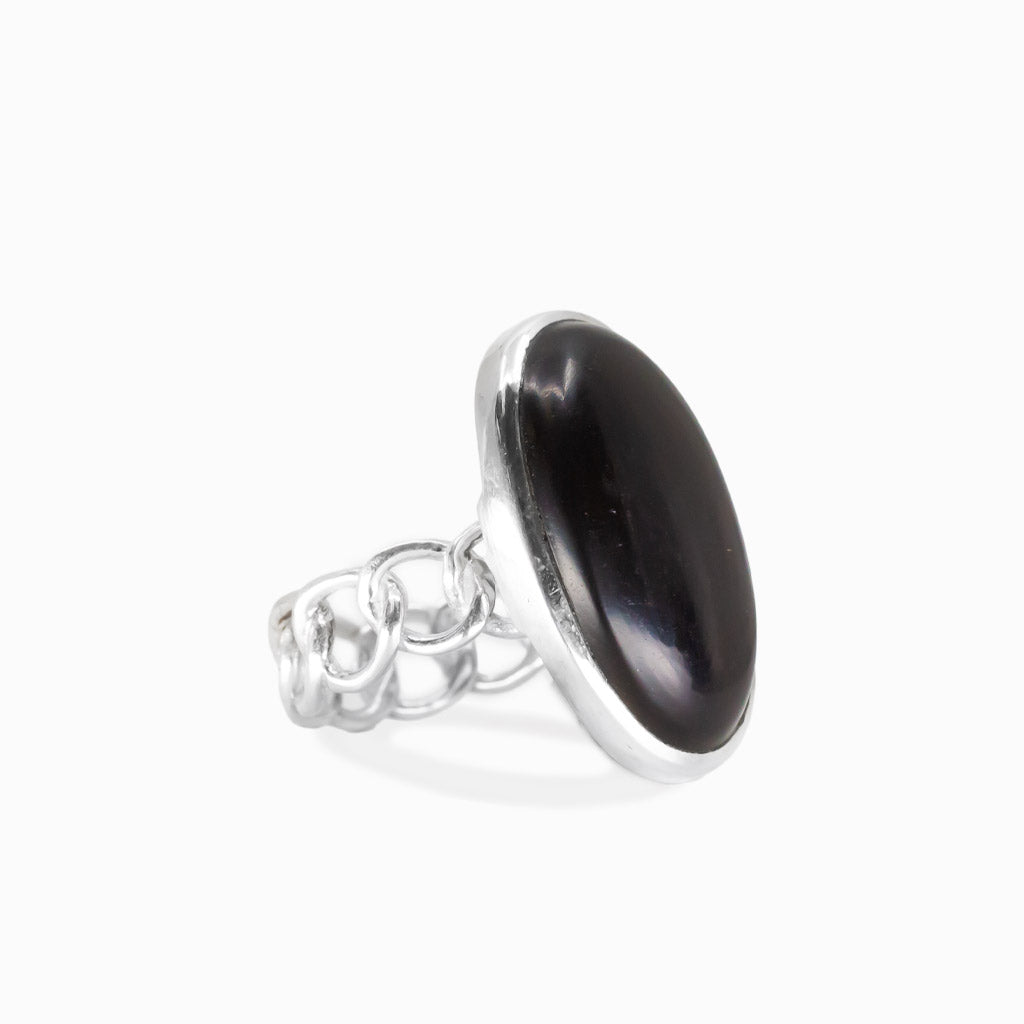 Oval jet cabochon ring in sterling silver