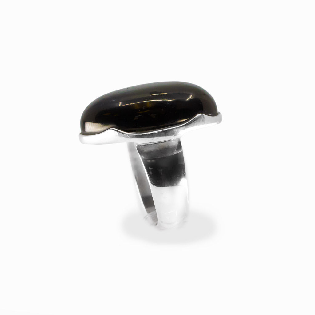 Jet oval cabochon ring in polished sterling silver featuring a smooth high-polish surface and rich glossy black coloring.