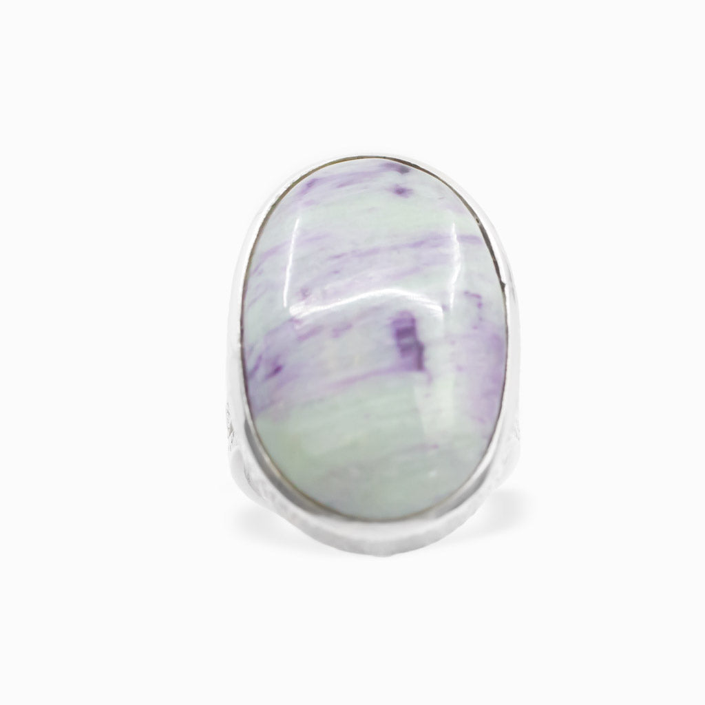 Oval Kammererite cabochon statement ring in polished sterling silver.