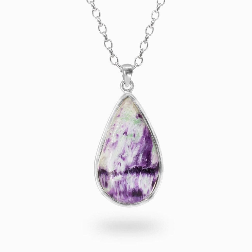 Pear-shaped purple and white Kammererite cabochon pendant with natural mineral patterns in polished 925 sterling silver.