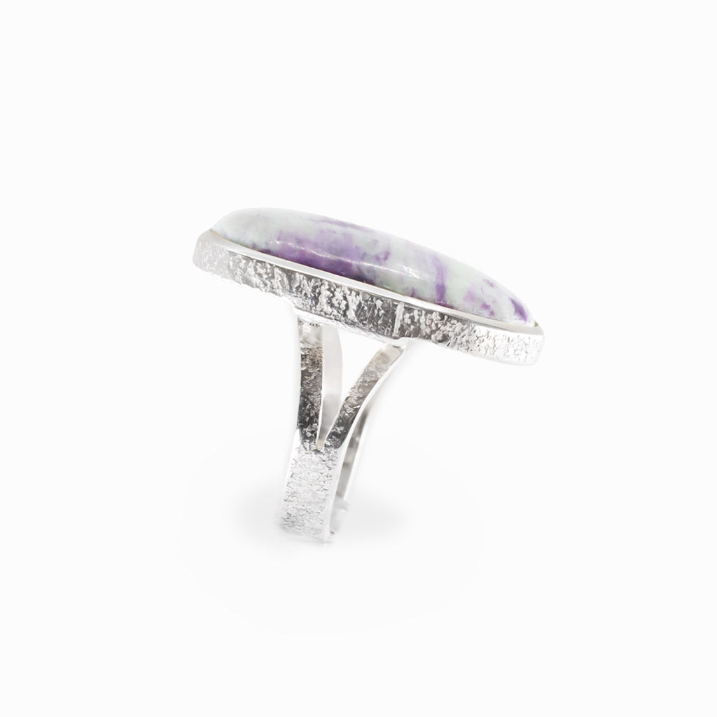 Oval Kammererite cabochon statement ring in polished sterling silver.