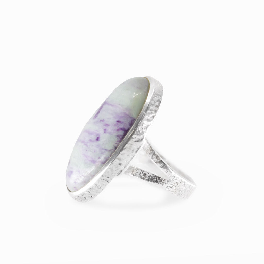 Oval Kammererite cabochon statement ring in polished sterling silver.