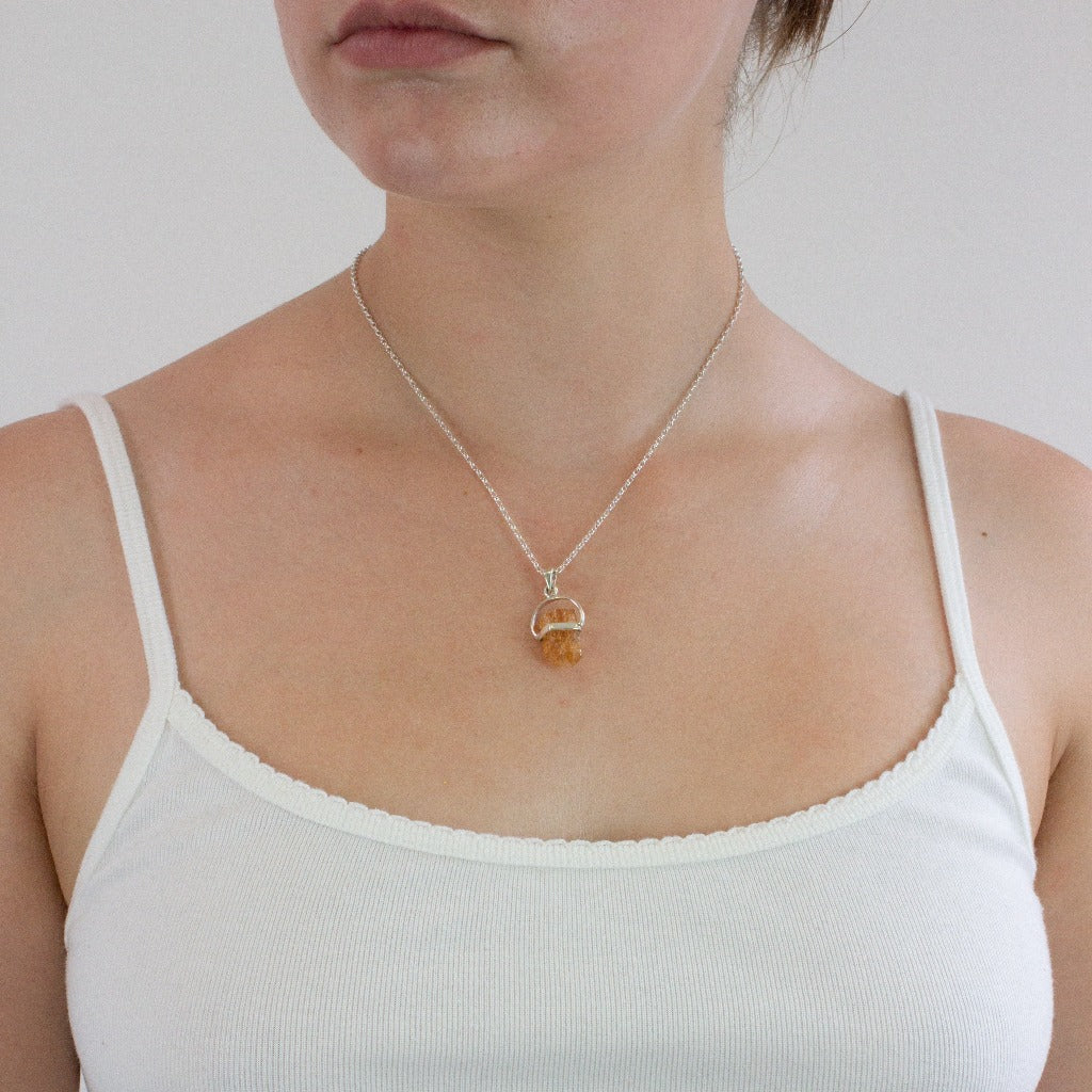 Raw Yellow Golden textured Golden Topaz Necklace in silver halo setting