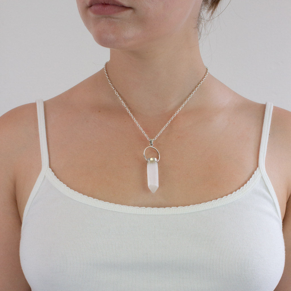 Selenite necklace on model