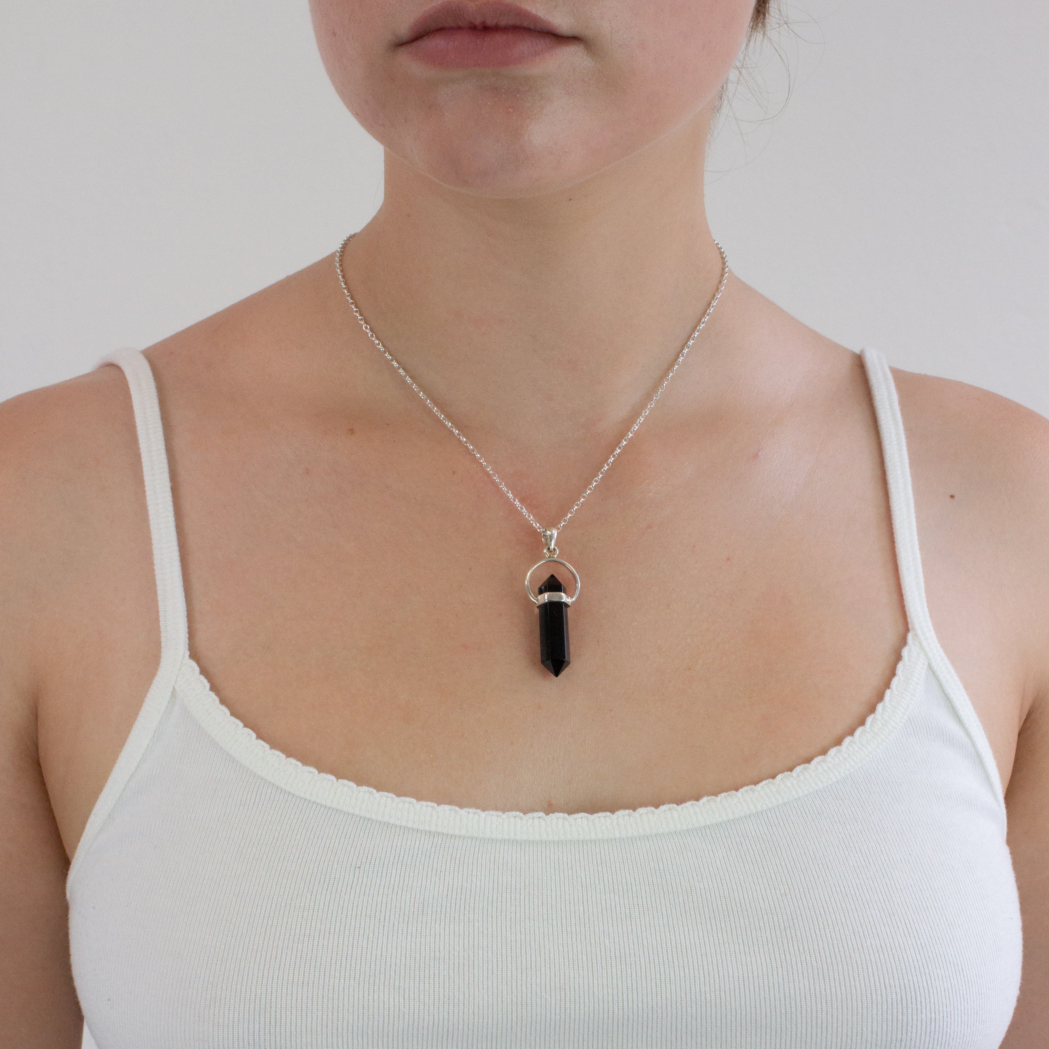 Faceted Pencil Black Tourmaline necklace on model