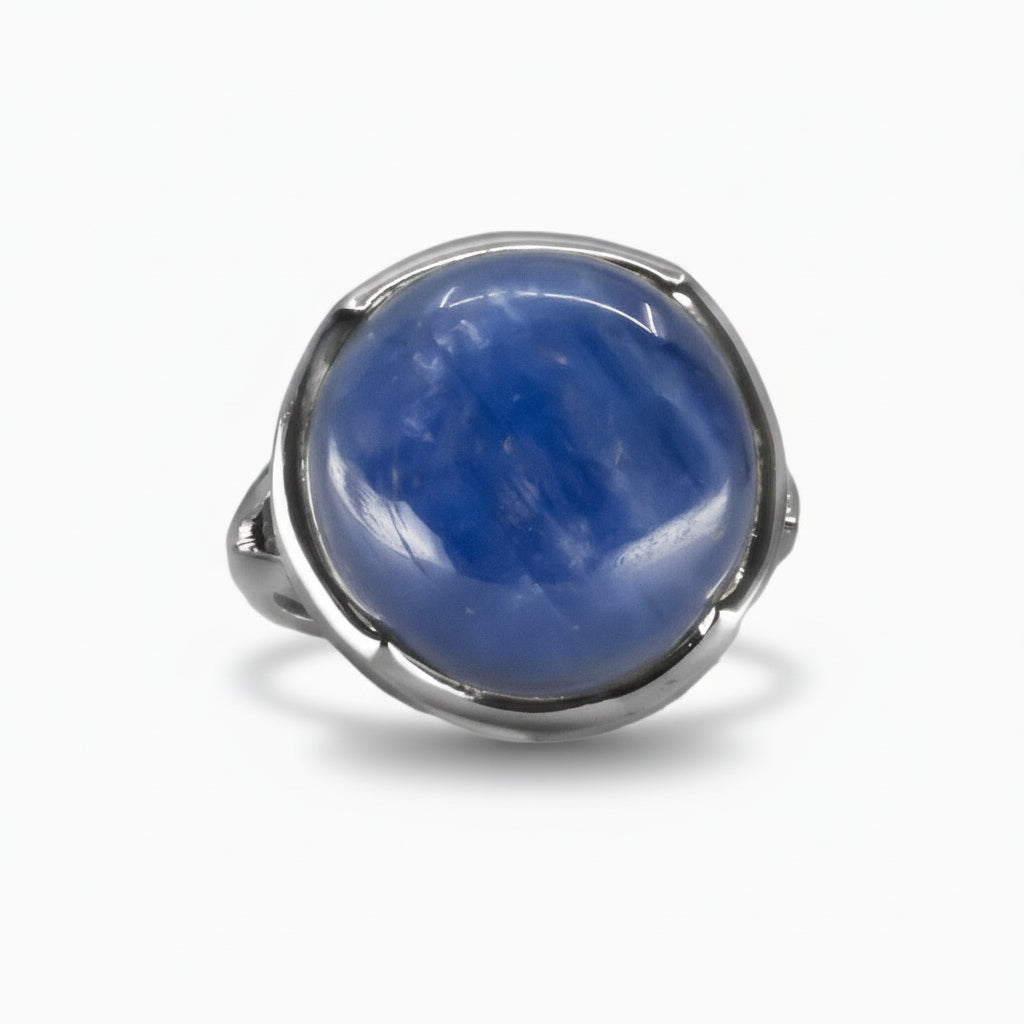 Round Kyanite cabochon ring in sterling silver featuring blue and white crystalline patterns. | MADE IN EARTH