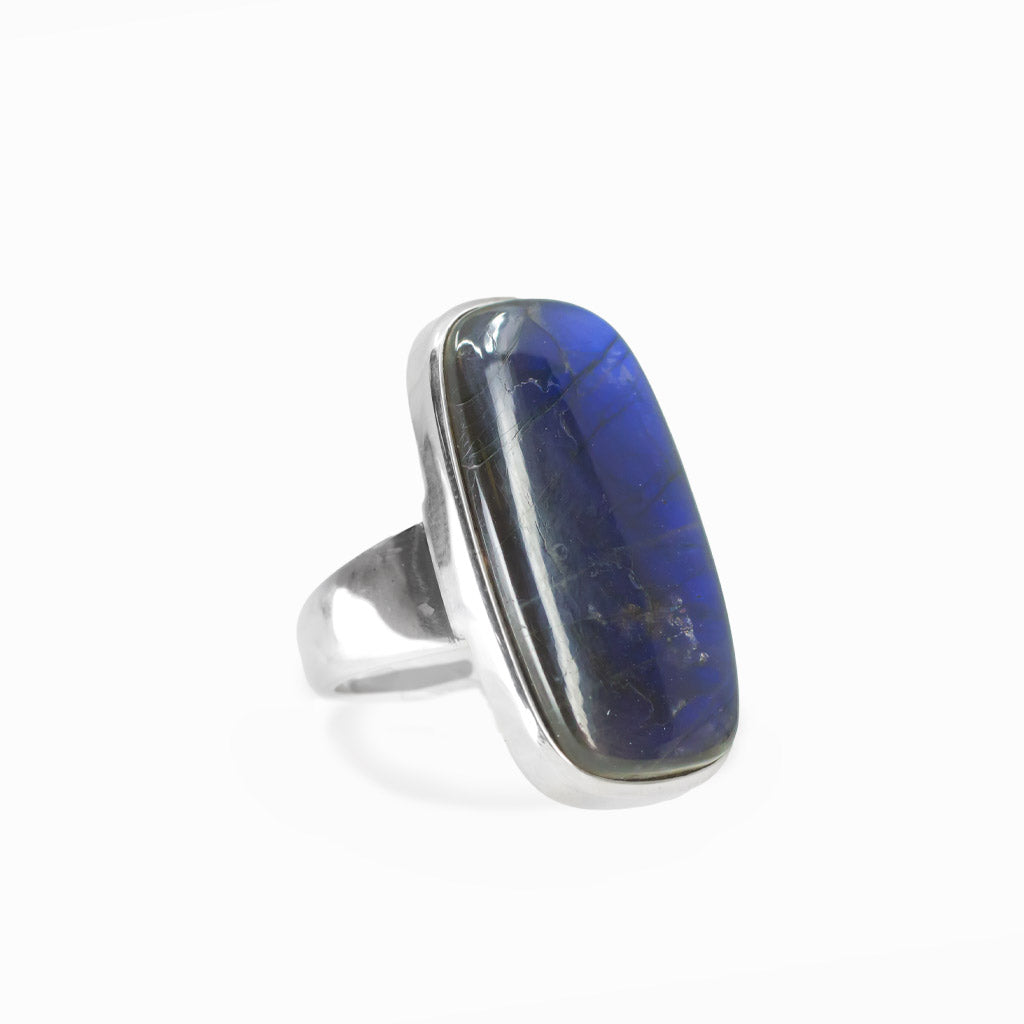 Spectralite Labradorite rectangular cabochon ring in polished sterling silver displaying an intense electric blue natural flash.