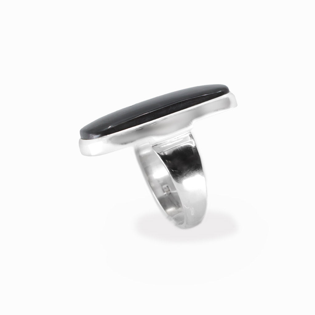 Spectralite Labradorite rectangular cabochon ring in polished sterling silver displaying an intense electric blue natural flash.