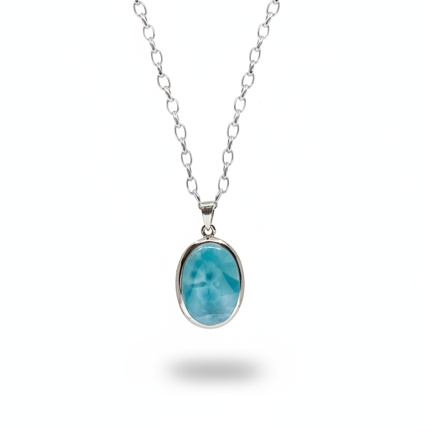 larimar necklace oval cabochon sterling silver light blue gemstone pendant