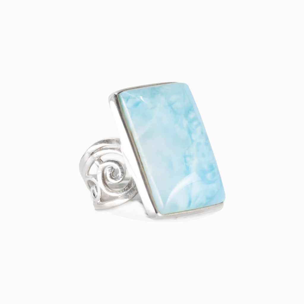 Larimar rectangular cabochon ring in sterling silver with blue and white marbling
