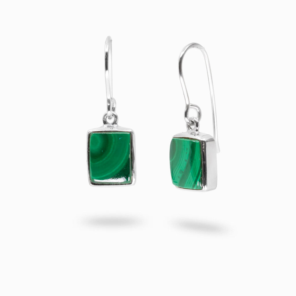 Rectangular malachite drop earrings in sterling silver