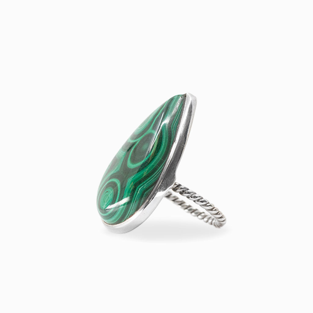 Teardrop Malachite cabochon with vivid concentric green banding set in 925 sterling silver.