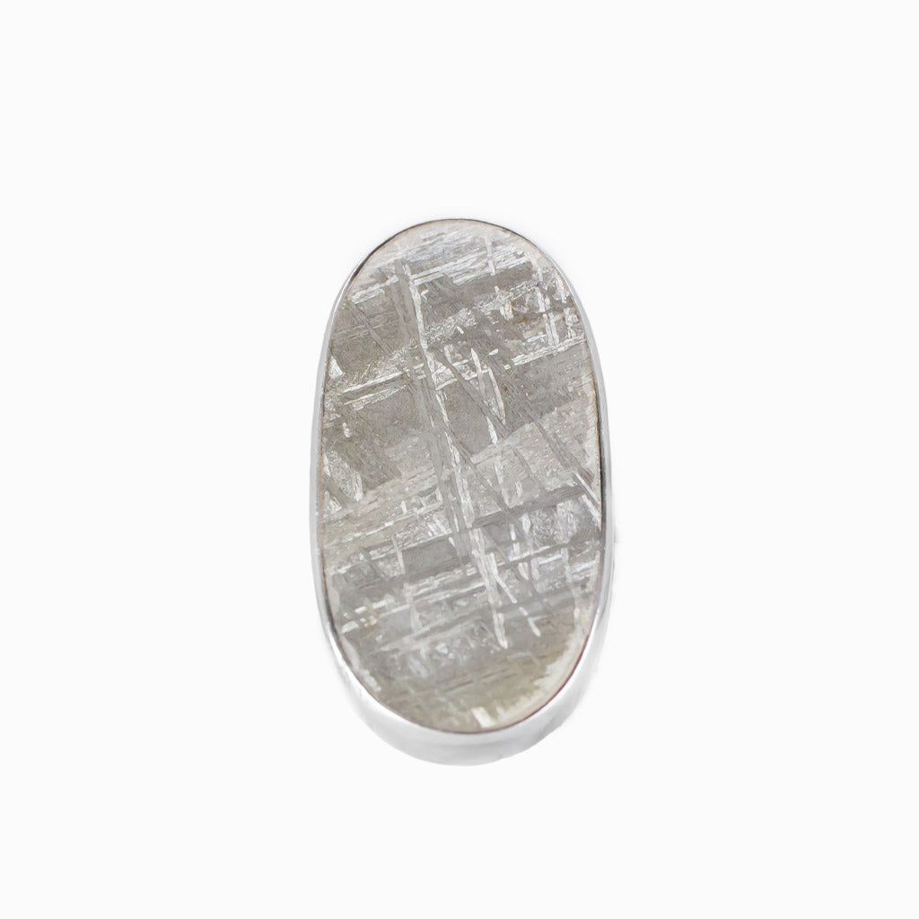 Gibeon meteorite oval slice ring in sterling silver with natural etched pattern