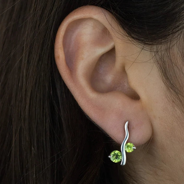 Double round faceted Peridot gemstones claw set in polished sterling silver stud earrings.