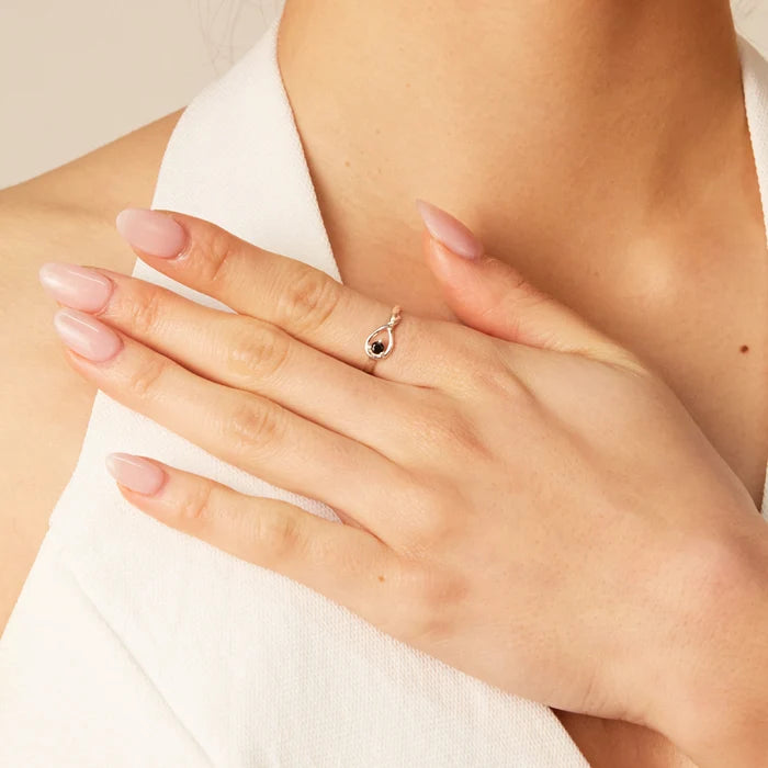 Round faceted Black Onyx gemstone prong set in polished sterling silver ring.
