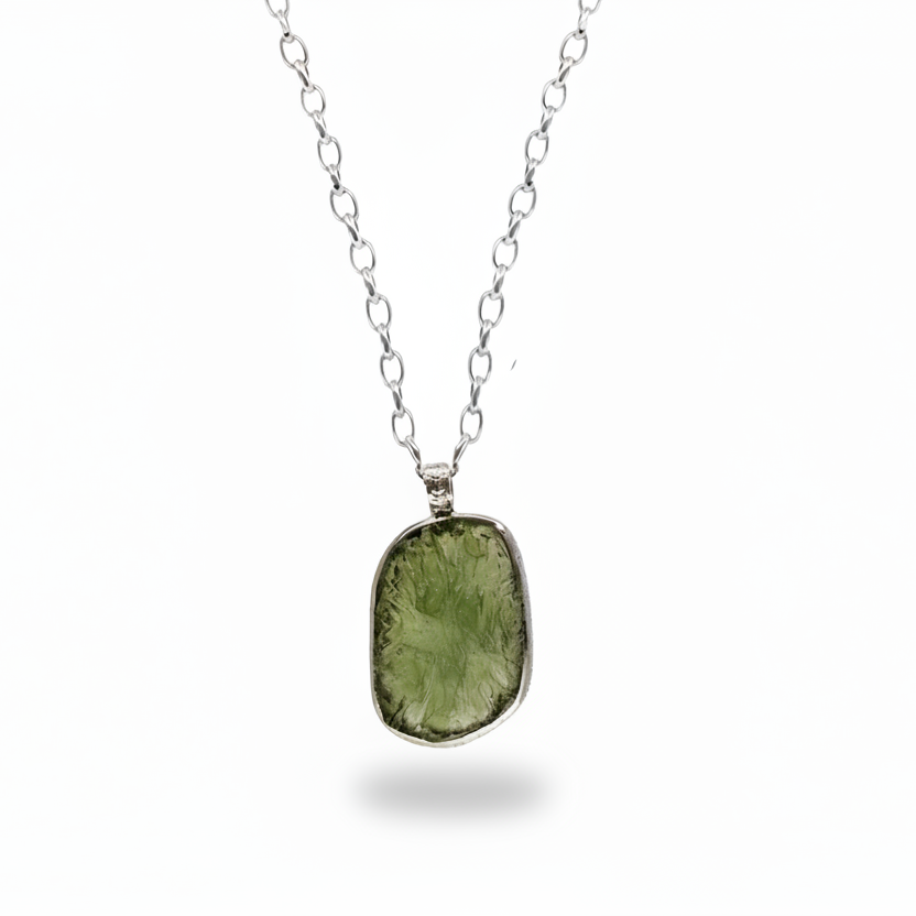 raw moldavite necklace sterling silver organic green gemstone pendant