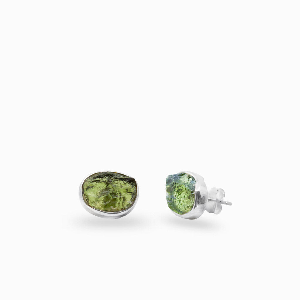 Raw moldavite oval stud earrings in sterling silver