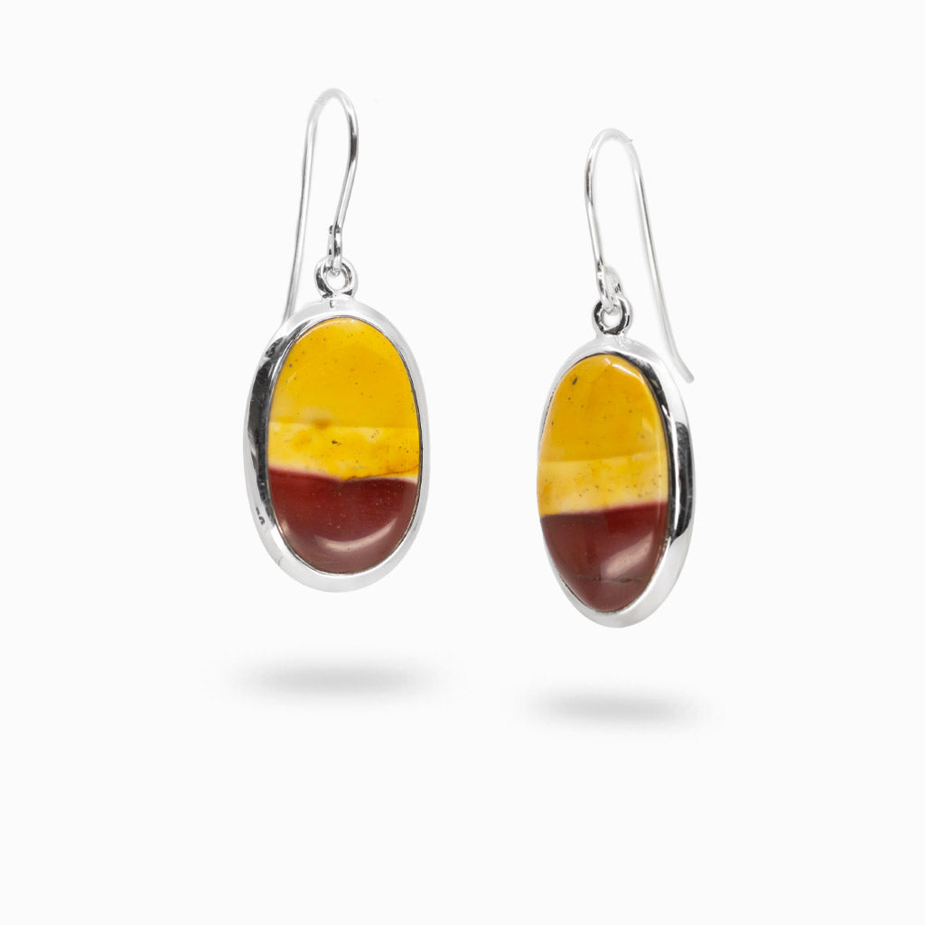 Sterling silver oval Mookaite Jasper drop earrings.