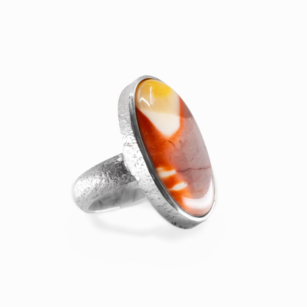 Oval Mookaite cabochon sterling silver statement ring with natural earthy colors.