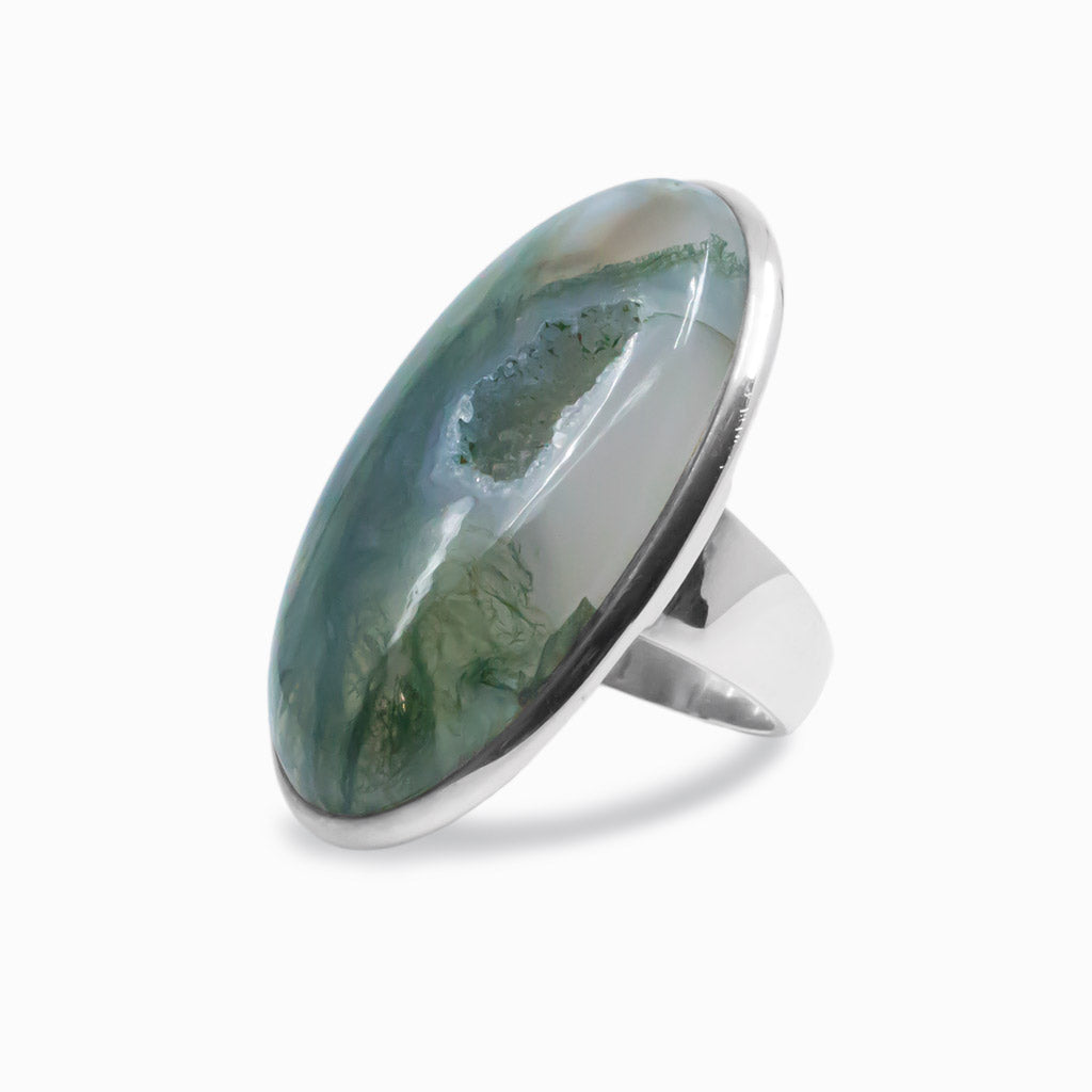 Cabochon druzy Moss Agate ring