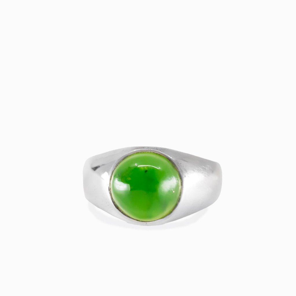 Round nephrite jade cabochon ring in sterling silver