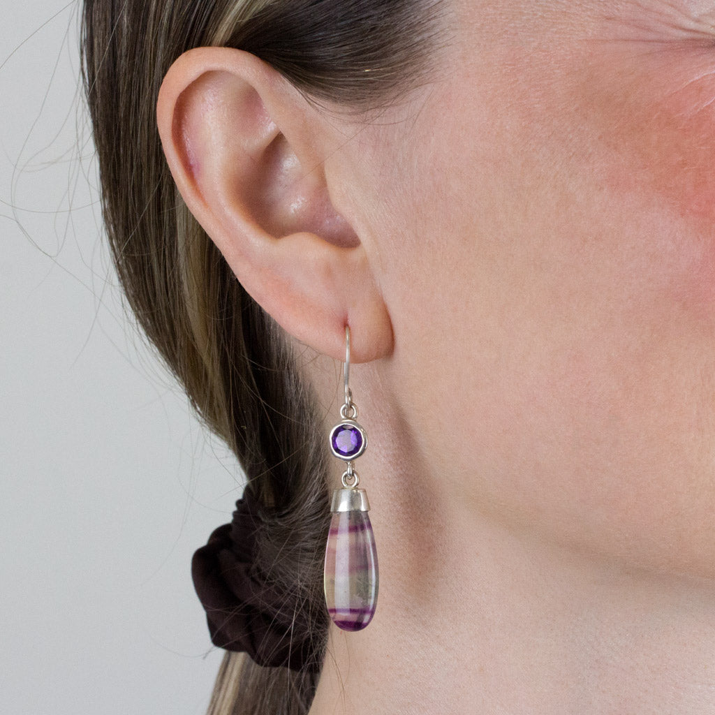 amethyst and fluorite drop earrings on model
