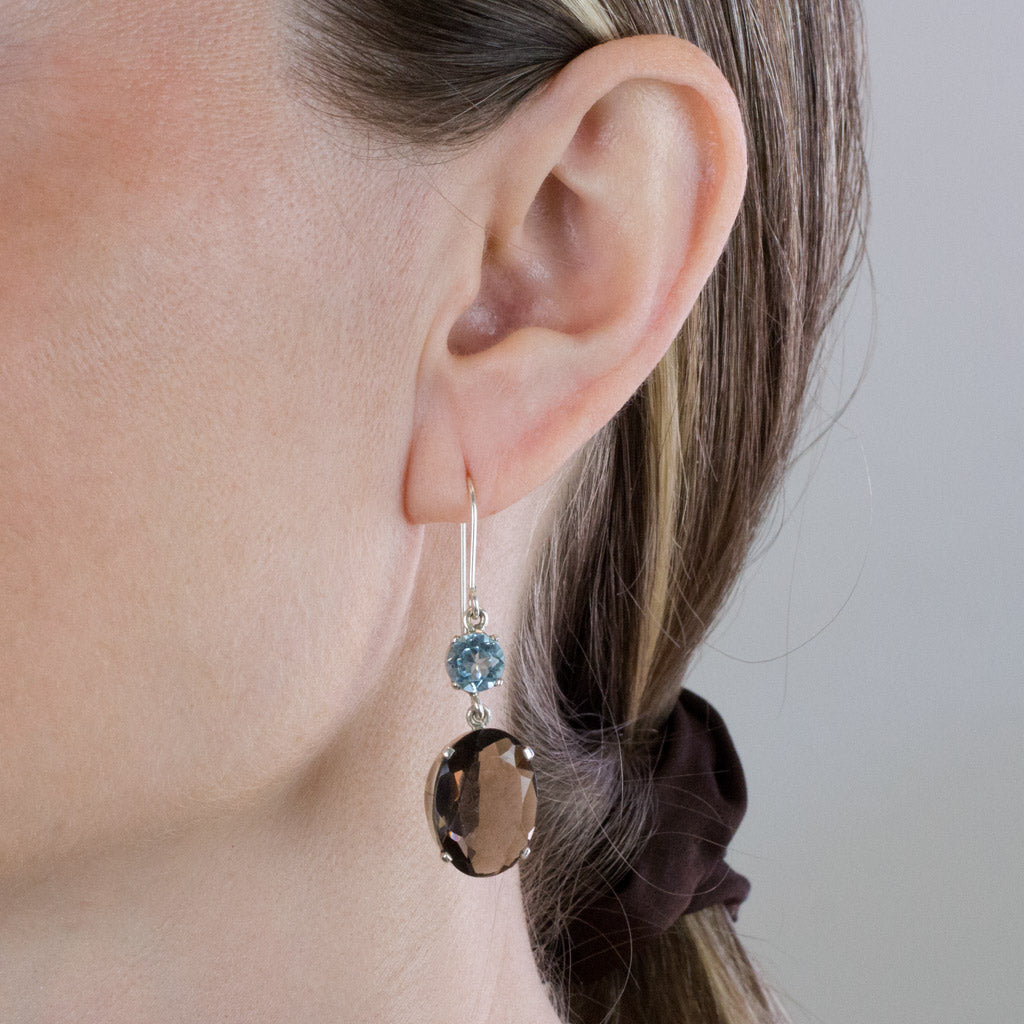 Blue Topaz and Smokey Quartz drop earrings Model