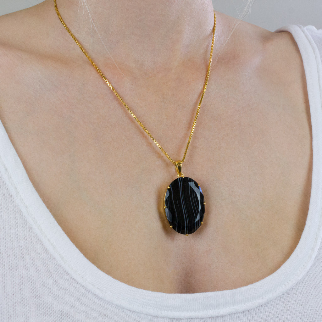 Faceted Banded Agate Necklace with gold vermeil finish on Model 