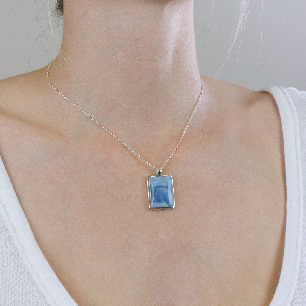 Blue Opal necklace on model 