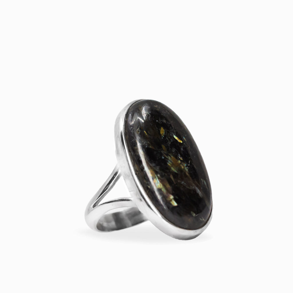 Elongated oval Nuummite cabochon ring with dark tones and subtle golden flashes in polished 925 sterling silver.