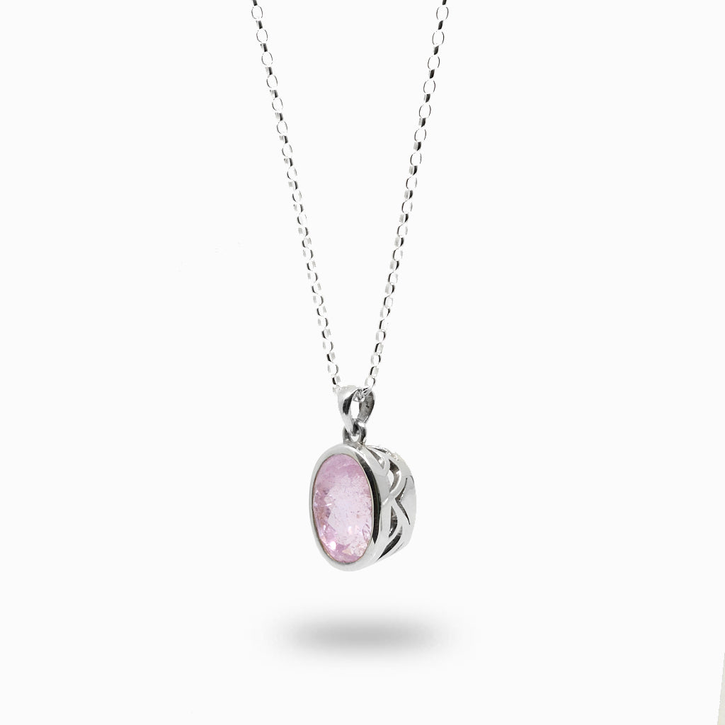 Oval Pink Faceted Kunzite Necklace with filigree on side