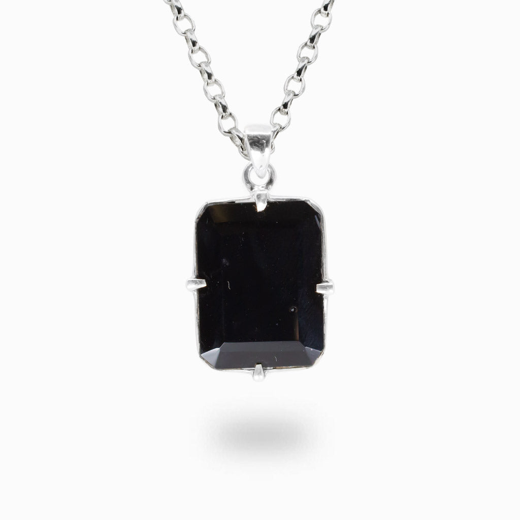 Faceted rectangle onyx necklace in sterling silver