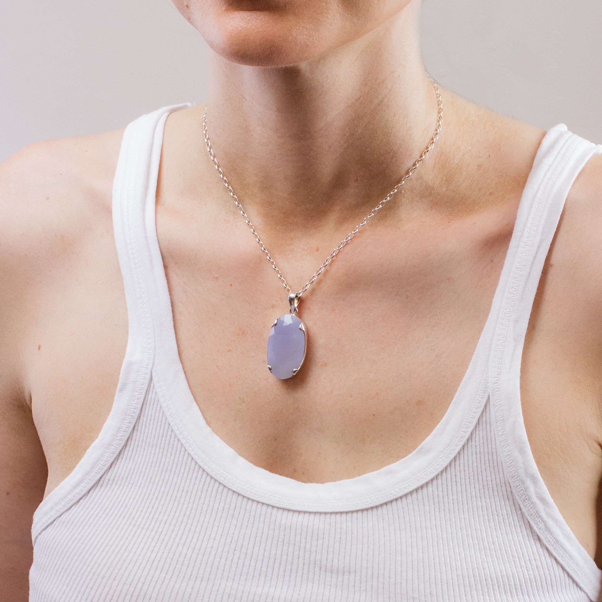 BLUE CHALCEDONY NECKLACE ON MODEL
