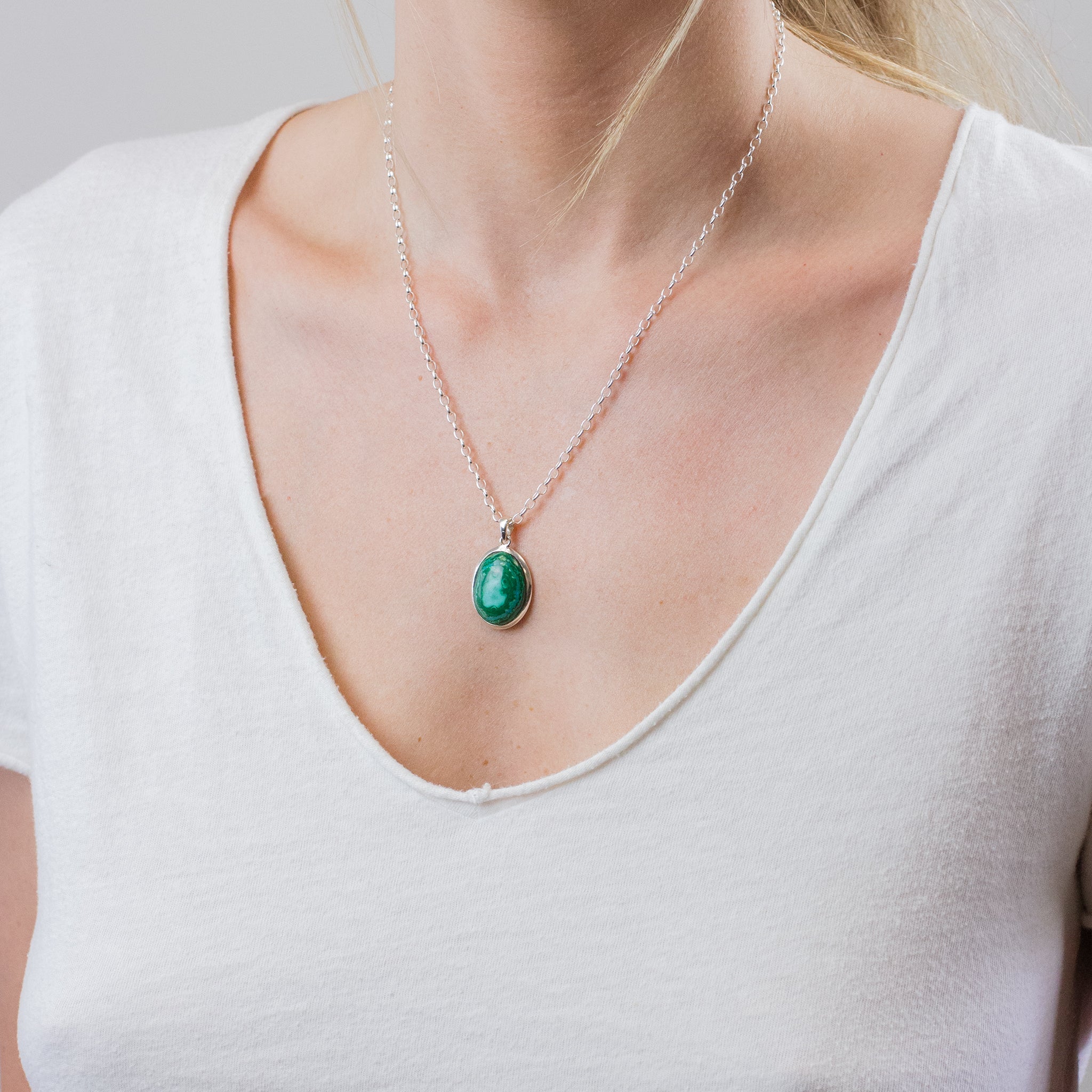 OVAL CABOCHON CHRYSOCOLLA MALACHITE NECKLACE ON MODEL