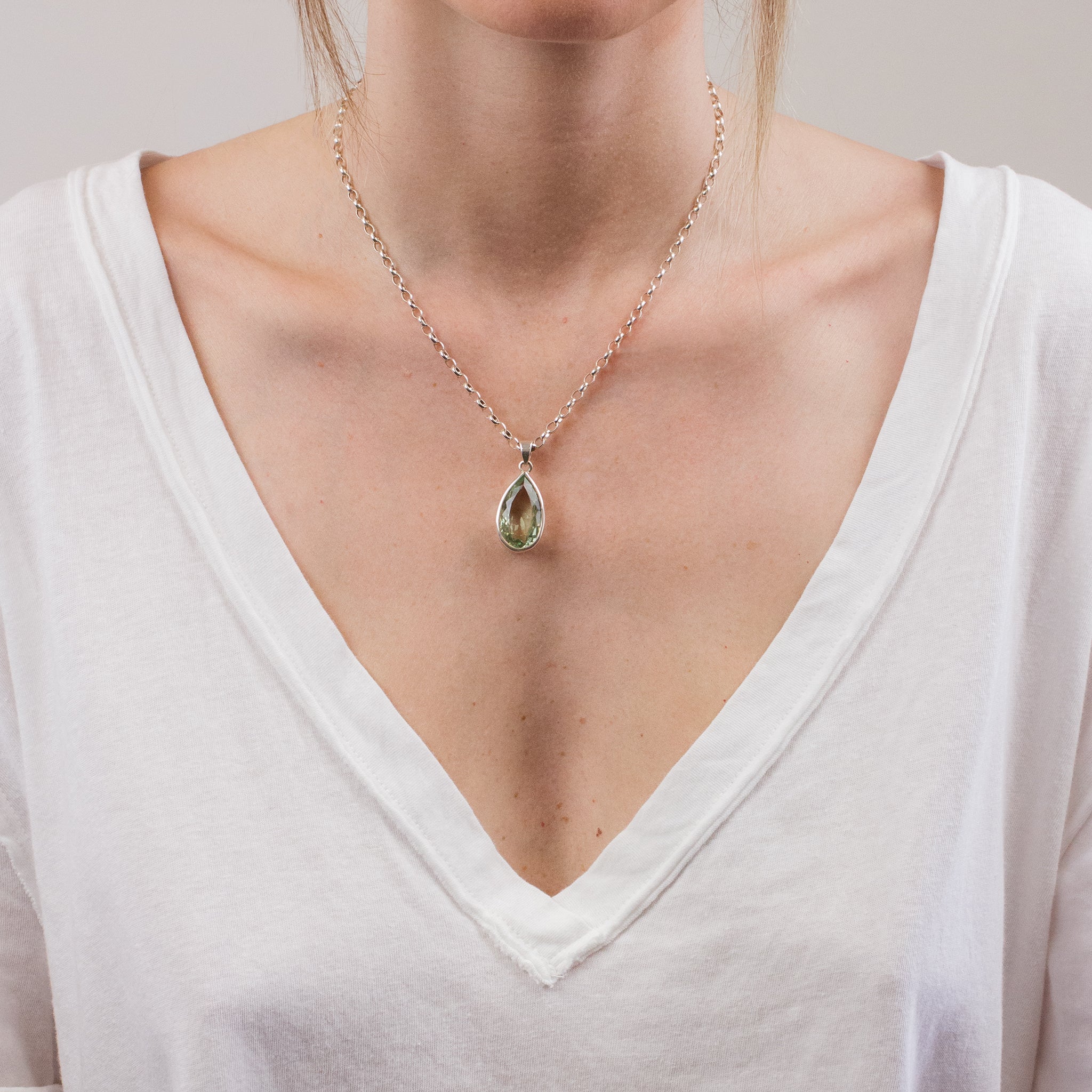 FACETED GREEN QUARTZ NECKLACE ON MODEL