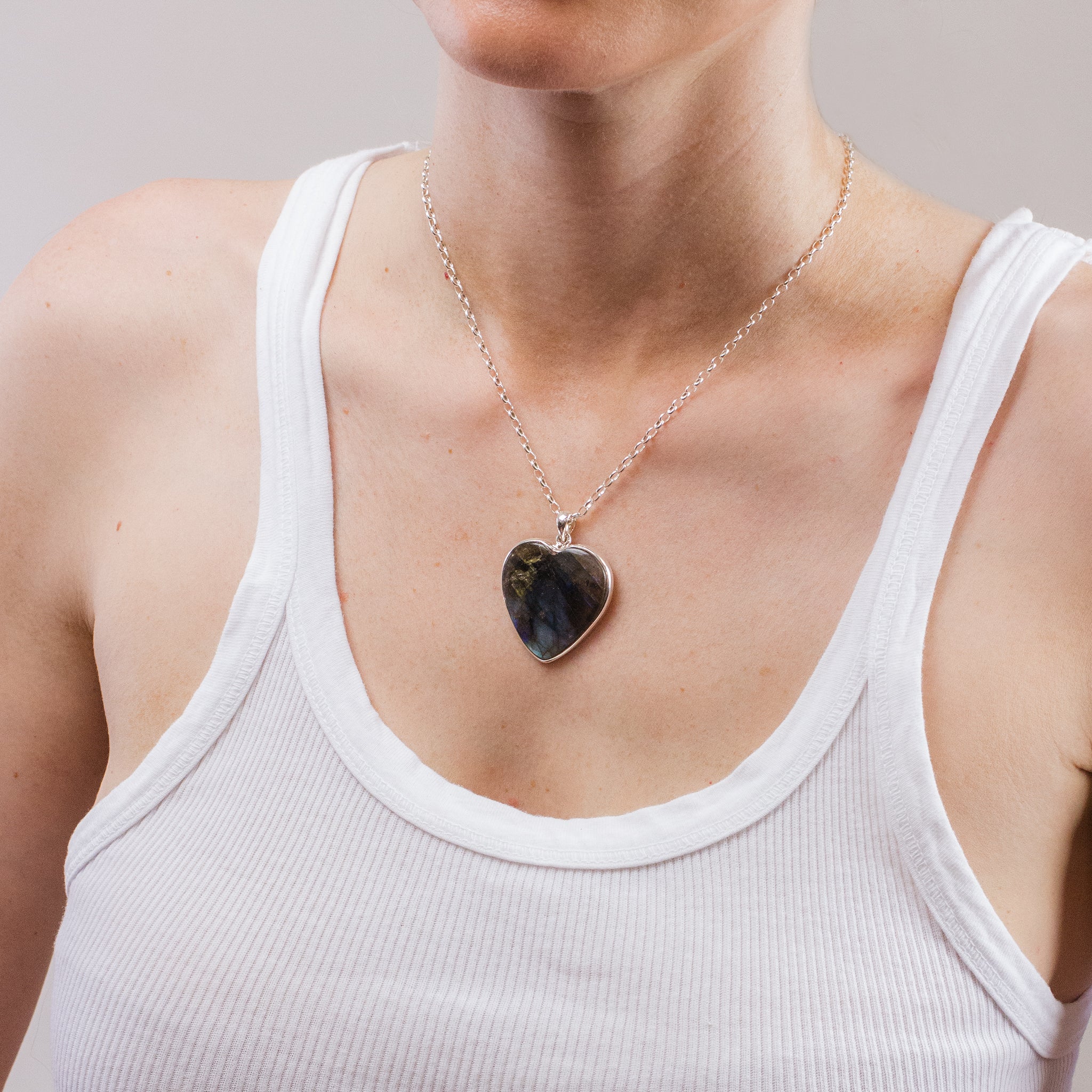 LABRADORITE HEART NECKLACE ON MODEL