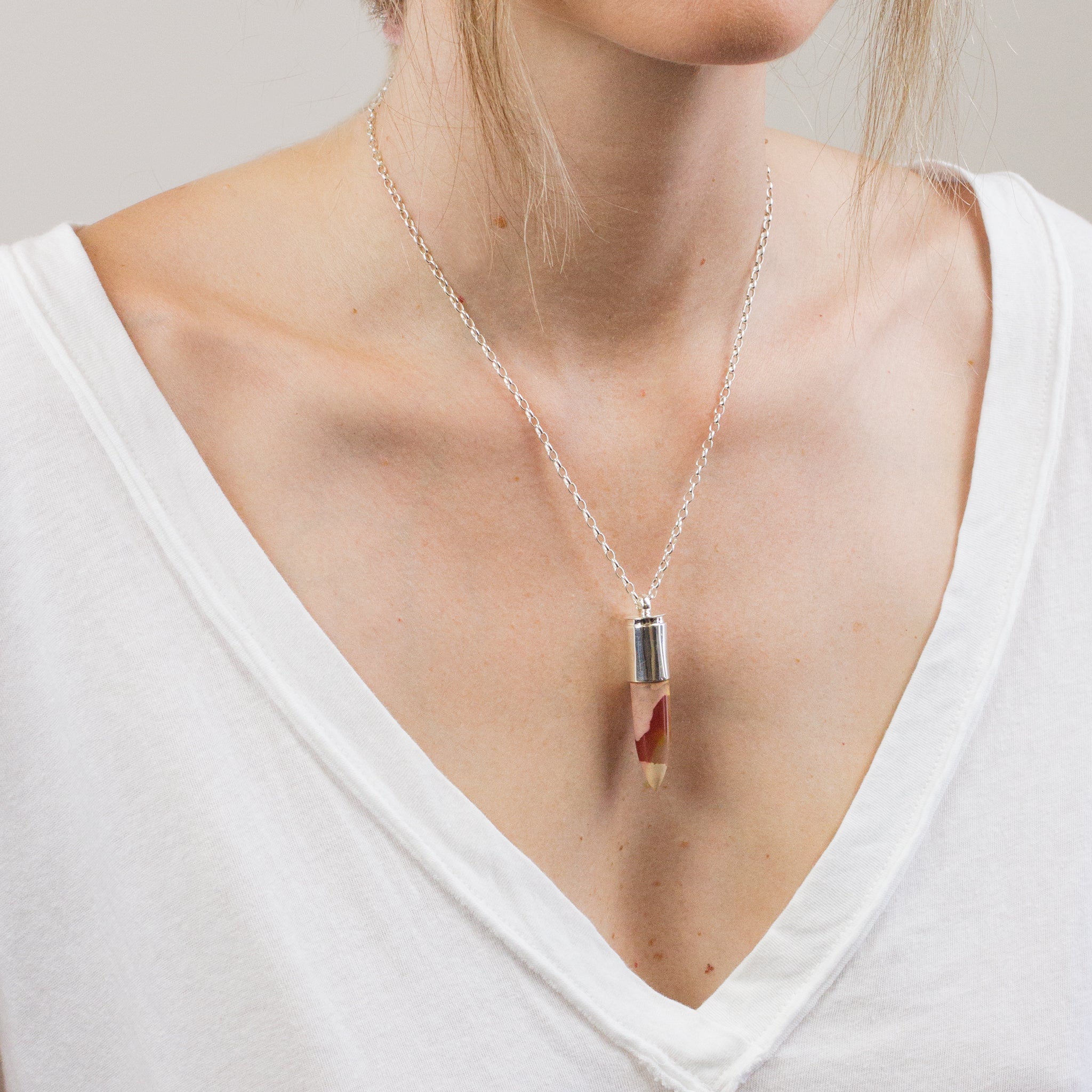 BULLET MOOKAITE NECKLACE ON MODEL