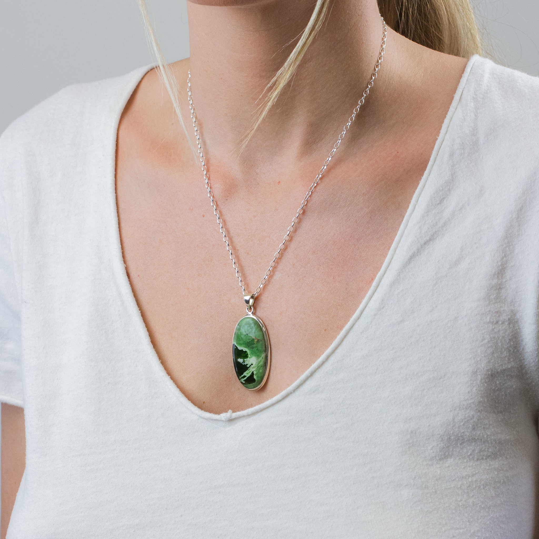 OVAL CHROME CHALCEDONY NECKLACE ON MODEL