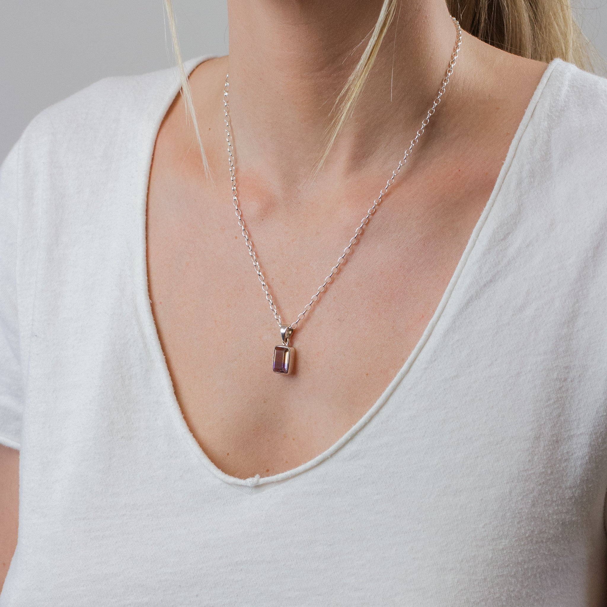 FACETED AMETRINE NECKLACE ON MODEL 
