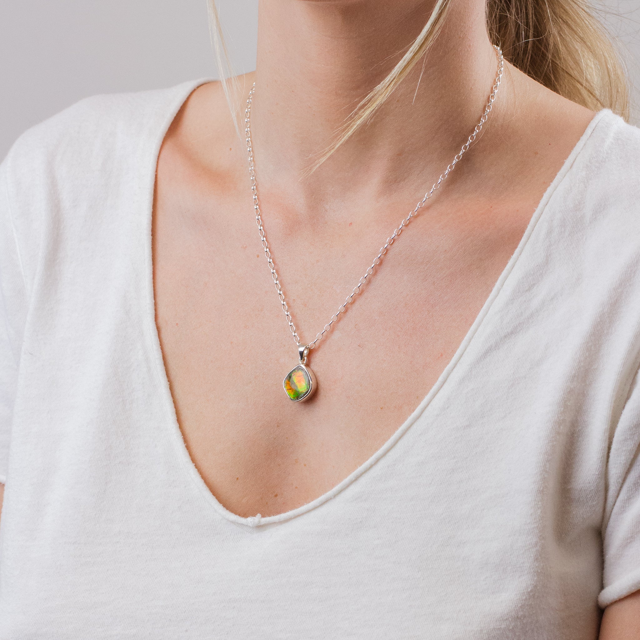 AMMOLITE NECKLACE ON MODEL
