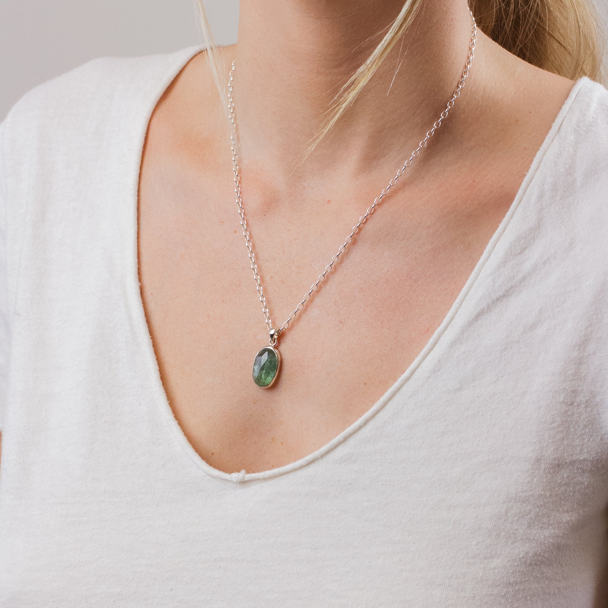 GREEN KYANITE NECKLACE ON MODEL